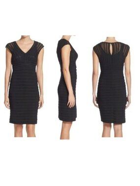 Adrianna Papell Black Shutter Pleat Sheath Dress - Mesh V-Neck - LNC